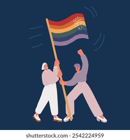 Cartoon vector illustration of two women with lgbt flag over dark backround