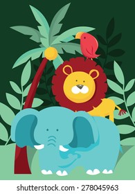 A cartoon vector illustration of typical jungle with wild animals like elephant, lion and bird.