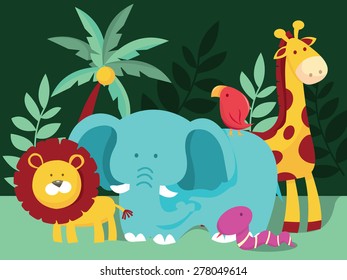 A cartoon vector illustration of typical jungle with wild animals like elephant, lion, giraffe, snake and bird.