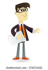 A cartoon vector illustration of a typical trendy happy hipster young man holding a laptop on one hand.