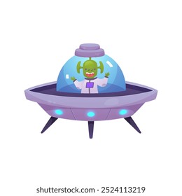 A cartoon vector illustration with a UFO space saucer and a cute green alien inside. An alien ship on a white background is perfect for fantasy themed games