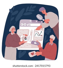 Cartoon vector illustration of UI and UX design concept with people scene in flat style. Man and woman generate new ideas and make creative modern layout and site template over dark background