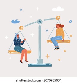 Cartoon Vector Illustration Of An Unbalanced Scale With Two Woman Opposite Each Other. Job, Envious, Jealousy, Low Self-esteem. Comparing Herself To Others Person On White Background.