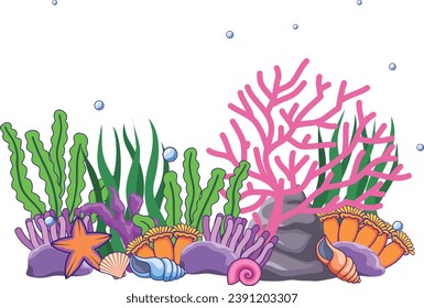 Cartoon vector illustration of undersea or aquarium with wild marine creatures isolated on white background. Seascape or Underwater world with seaweeds, anemone, reef, corals, hyacinth and stone.