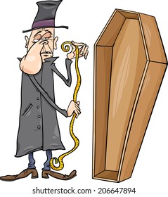 Cartoon Vector Illustration of Undertaker with Centimeter Measure and Coffin