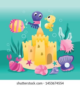 A cartoon vector illustration of underwater sand castle with sea creatures like fish, octopus and sea shells.