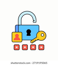 Ilustración vectorial de dibujos animados de un candado desbloqueado con llave, ícono de usuario y símbolos de Contraseña. Ideal para conceptos de ciberseguridad, acceso de Inicio de sesión, autenticación, privacidad y seguridad digital.