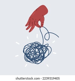 Cartoon vector illustration of Unraveling tangled tangle by hand. Metaphor of problem solving, difficult situation, chaos and mess.