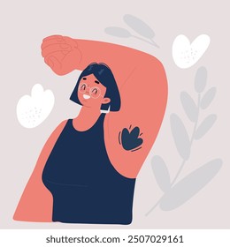 Cartoon vector illustration of Unshaven young woman laughing cheerfully while flaunting her confetti-decorated arm pits. Body positive young woman making the choice not to shave. Happy young woman