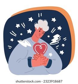 Cartoon vector illustration of Unwell man feel sick suffer from heart stroke. Sick unhappy guy touch upper chest having cardiovascular problems need doctor help. Healthcare and medicine over dark