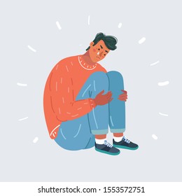 Cartoon vector illustration of Upset crying man sitting and hugging his knees.