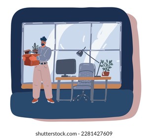 Cartoon vector illustration Upset frustrated young man was dismissal. Character standing in his office with box of staff over dark background