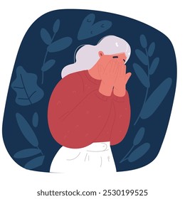 Cartoon vector illustration of Upset woman is crying. Sadness or resentment. Tears on eyes. Negative emotions on the girl's face over dark background