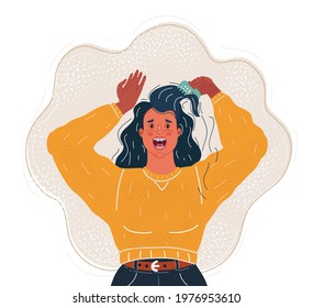 Cartoon Vector Illustration Of Upset Young Woman Has Problems With Her Hair. Loose Curls On The Comb