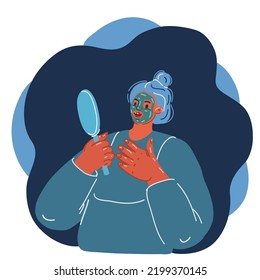 Cartoon vector illustration of Upset young woman looking in mirror with face mask, cream. Skincare and dermatology concept over dark backround