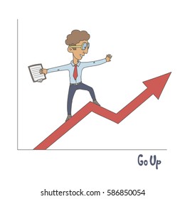 Cartoon Vector Illustration, Upward Movement, Go Up, Man Moves To The Goal, Growth, Business, Up Arrow