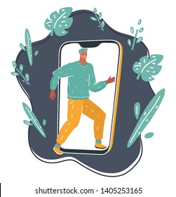 Cartoon vector illustration of user online concept. Night addicted male character on dark background.