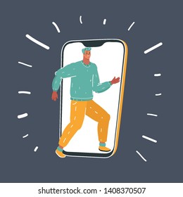 Cartoon vector illustration of user online concept. Night addicted male character on dark background.