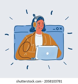 Cartoon vector illustration of User support service, woman in head phone and use laptop. Call center in browser windows on white backround.