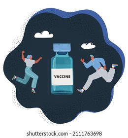 Cartoon vector illustration vaccination people man and woman over dark backround.