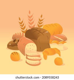 Dibujo vectorial de varios panes de panadería de fondo beige.