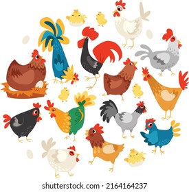 A cartoon vector illustration of various chickens set.