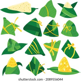 A cartoon vector illustration of various chinese rice dumpling zongzi set.