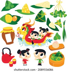 A cartoon vector illustration of various chinese dragon boat festival foods and characters.