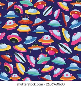 A cartoon vector illustration of various colorful UFOs seamless pattern background.