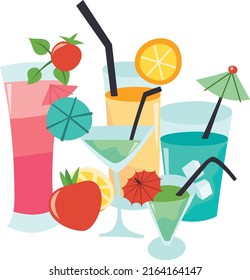 A cartoon vector illustration of various colorful cocktail drinks in a group.