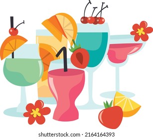 A cartoon vector illustration of various colorful cocktail drinks in a group.