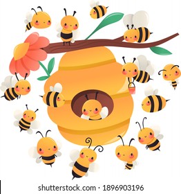 A cartoon vector illustration of various cute honey bees surrounding a giant hive on tree branch.