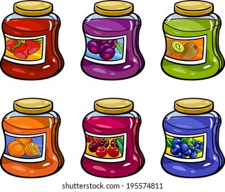 Cartoon Vector Illustration of Various Fruit Jams in Jars Set