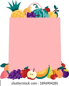 A cartoon vector illustration of various fruits inside and outside of a pink paper bag with empty copy space area to put marketing text.