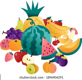 A cartoon vector illustration of various fun summer fruits in a group.