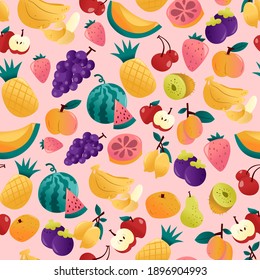 A cartoon vector illustration of various fun summer fruits seamless pink pattern background.