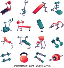 A cartoon vector illustration of various gym equipment set.