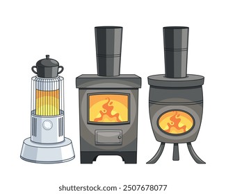 Cartoon Vector Illustration Of Various Heating Devices Including Stove And Heater In A Playful Style