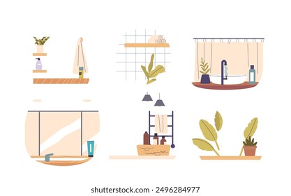 Cartoon Vector Illustration Of Various Modern Bathroom Elements Including Sinks, Plants, Towels, And Accessories