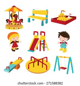 A cartoon vector illustration of various outdoor playground theme icon set. Included in this set:- merry-go-round, bench, sand pit, girl, boy, slide, see saw, roundabout and swing.