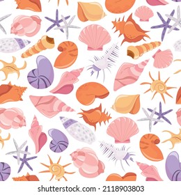 A cartoon vector illustration of various seashells seamless pattern background.