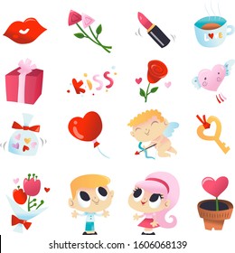 A cartoon vector illustration of various super cute valentine's day theme set like cupid, kids, kisses, flowers and other decorations. 