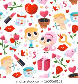 A cartoon vector illustration of various super cute valentine's day theme seamless pattern background.