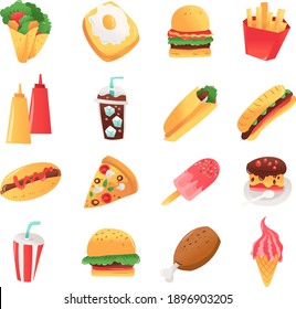 A cartoon vector illustration of various super fun fast food set like hamburger, pizza, burrito and more.