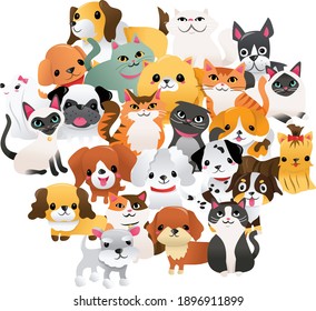 Dibujo vectorial de varios cachorros superlindos y gatitos en grupo.