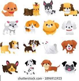 A cartoon vector illustration of various super cute puppies like dalmatian, terrier and more.