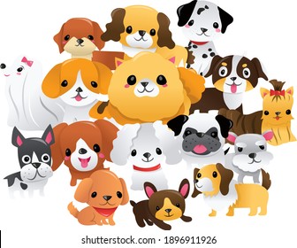 A cartoon vector illustration of various super cute puppies in a group.