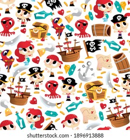 A cartoon vector illustration of various super cute pirate adventure theme characters and designs seamless pattern background.