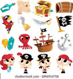 Una caricatura vectorial ilustra varios personajes y diseños súper adorables como los niños piratas, el cofre del tesoro, la sirena y más.