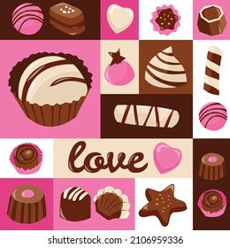 Una ilustración vectorial de dibujos animados de varios mosaicos de chocolate dulce valentina.